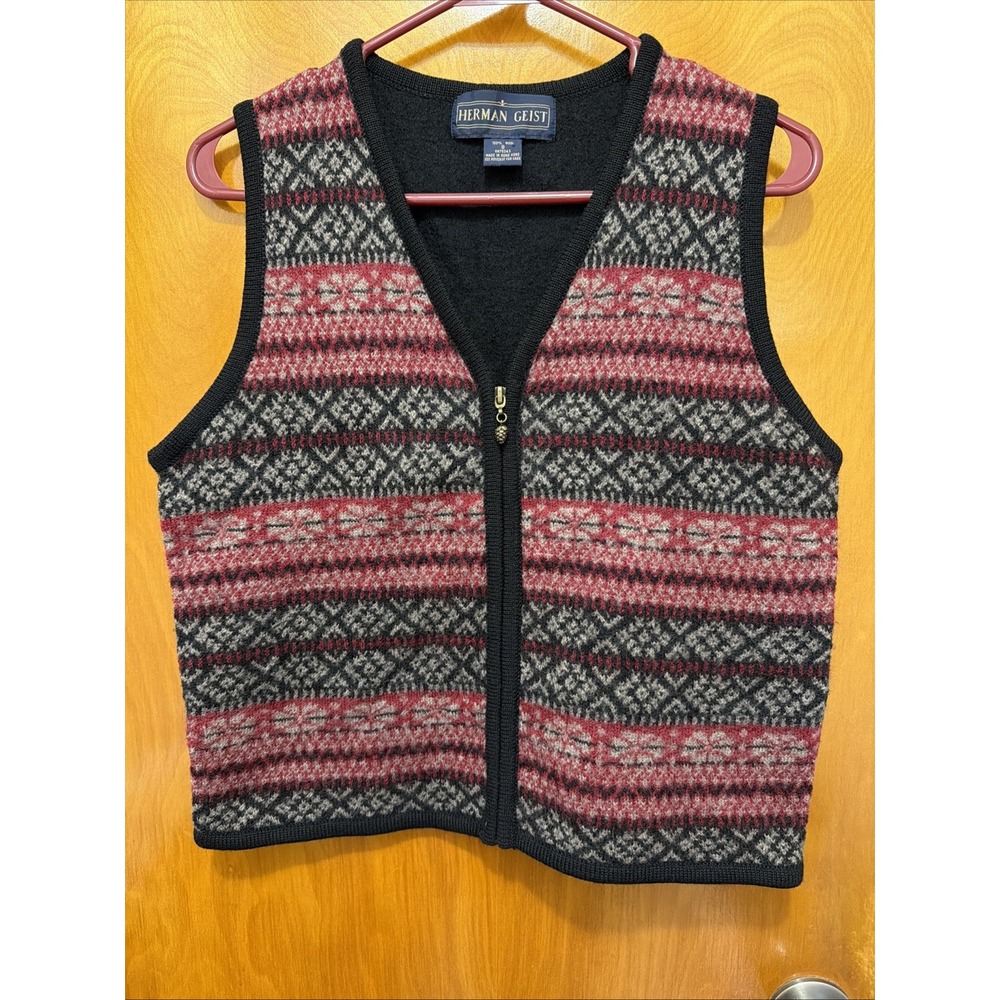 VTG Herman Geist Wool Fair Isle Sweater vest S Woman Full zip Burgundy Nordic